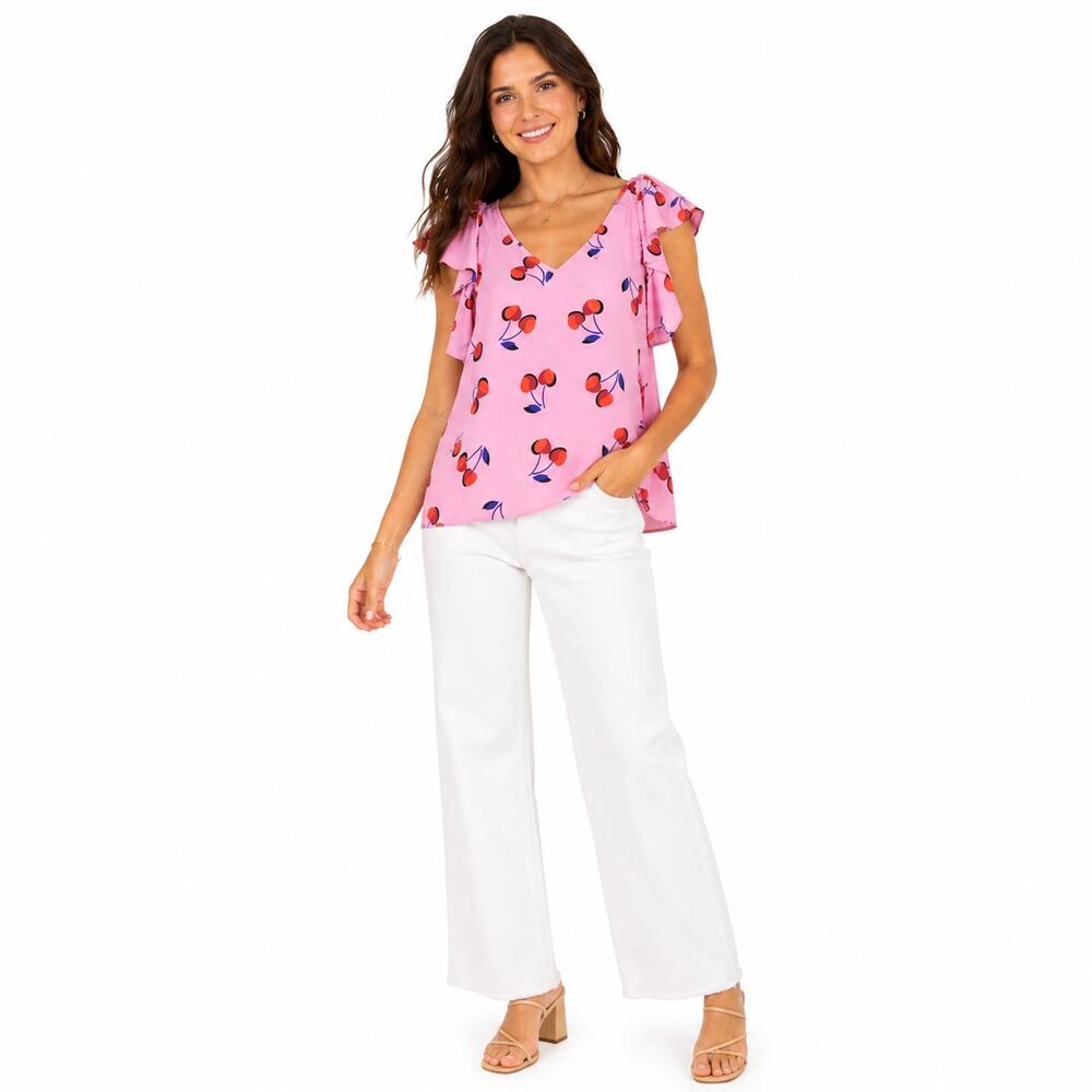 Kate Spade Womens Top Size Small Pink Cherry Print Blouse Romantic Coquette